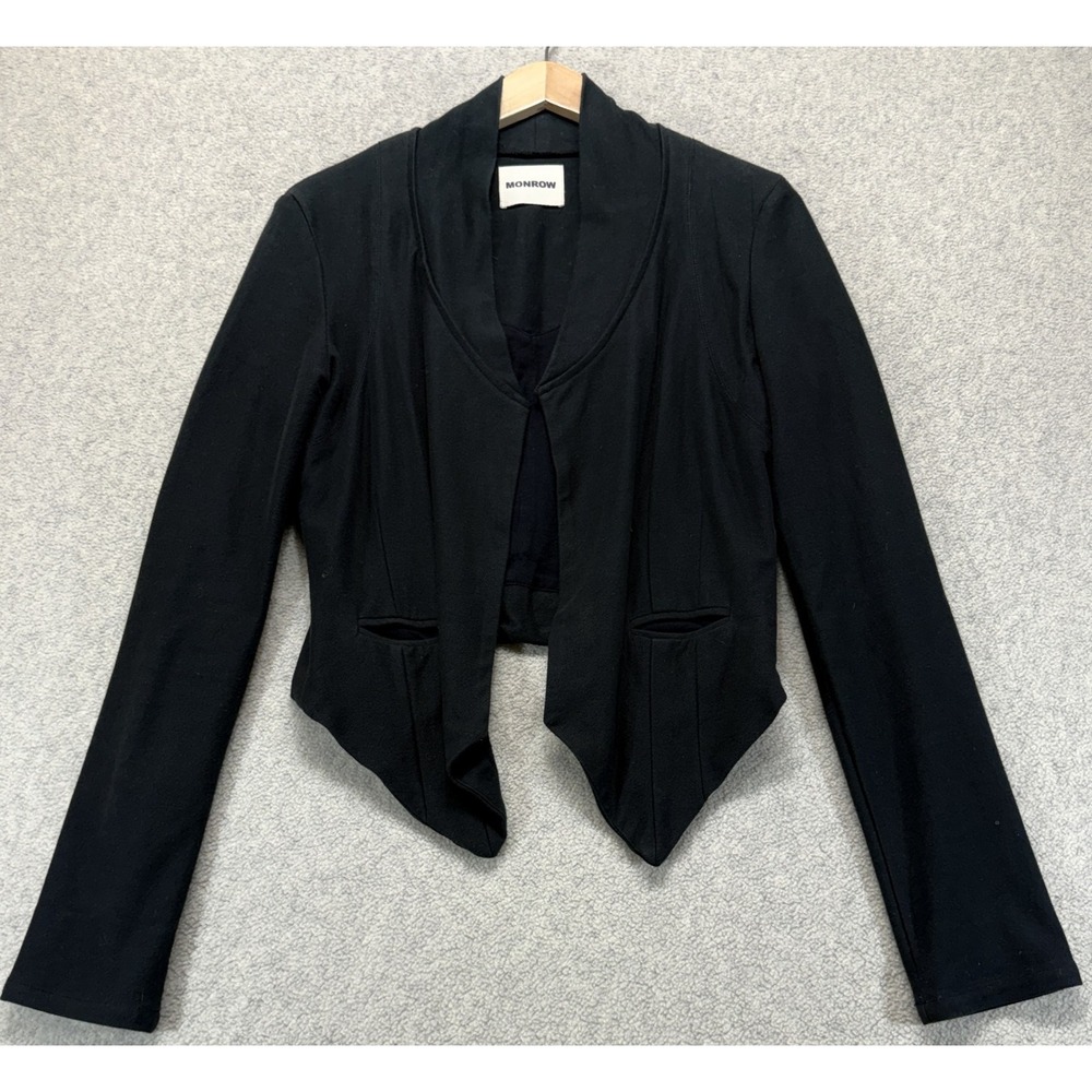 Monrow Womens Crop Blazer Solid Black Long Sleeve Open Front Shawl Collar M